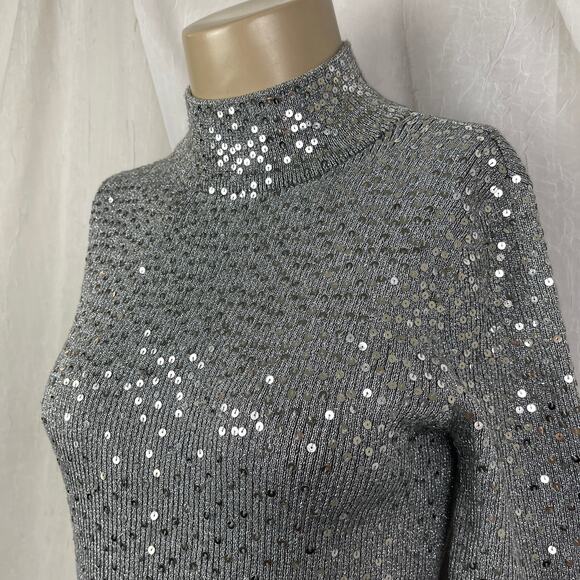 VTG Y2K Once Again Silver Sequin Mock Turtle Neck Sweater Shimmery Sparkly Sz M - Picture 5 of 16
